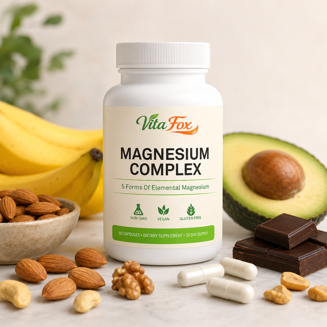 VitaFox magnesium bottle with magnesium-rich foods