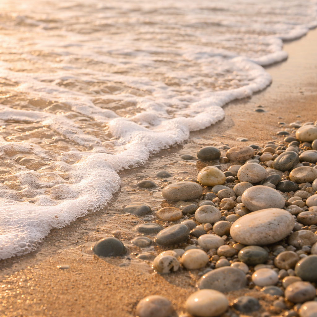Calm Atlantic waves over pebbles for marine-sourced minerals