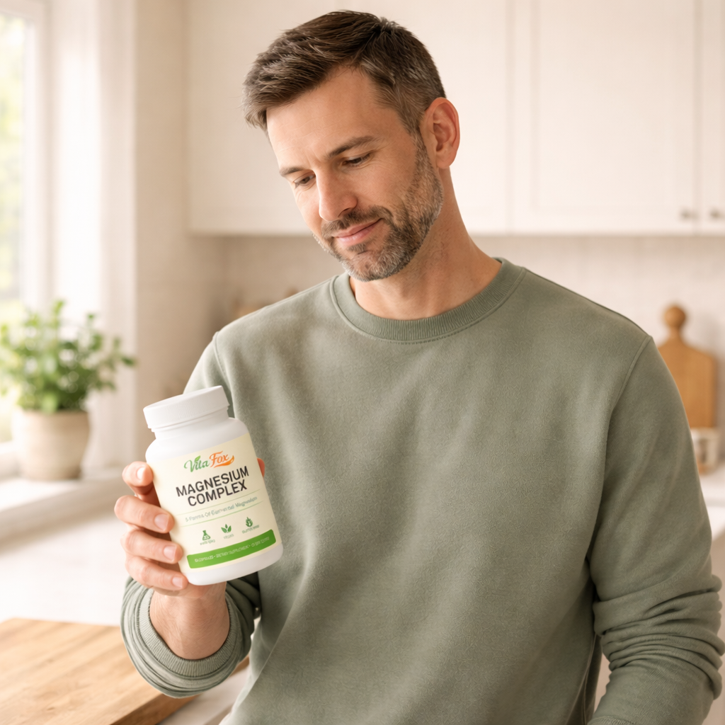 Man in sage sweatshirt holding VitaFox bottle at his kitchen counter