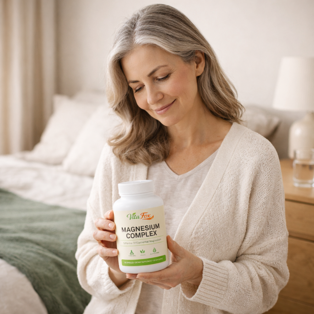 Woman holding VitaFox bottle while sitting on the edge of her bed