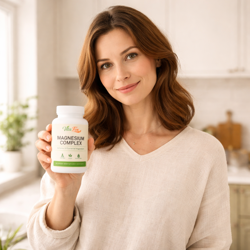 Woman in cream sweater holding VitaFox bottle in her kitchen